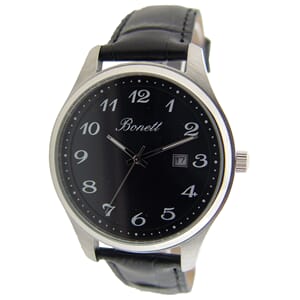 Bonett herreklokke stål sort skive tall rem